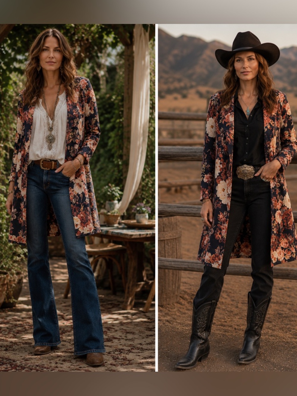 Solitaire Open Front Floral brown Duster Jacket Sz M NWOT
